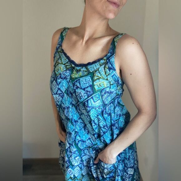 Free People Mini Dress Oversized Trapeze Triangle Print Blue Green - Picture 4 of 12